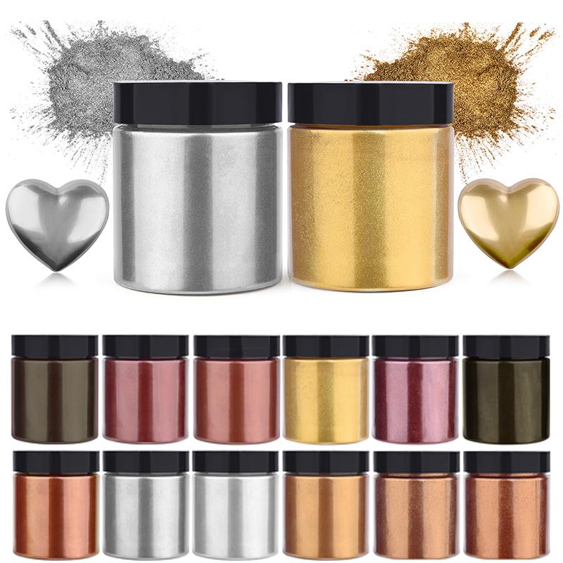 Resin Pigment Set - ジュエリー作り用のメタリック顔料染料,真珠光沢のある着色剤,UV樹脂,金,銀,キラキラ,メタリック,50g